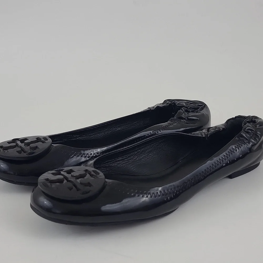 Tory Burch Reva Black Patent Leather w/ Logo Ballet Flats Shoes Size 7 M